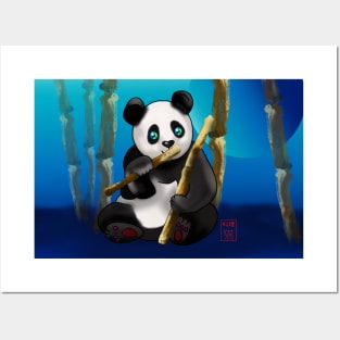 Adorably cute cartoon panda in a bamboo forest at night Posters and Art